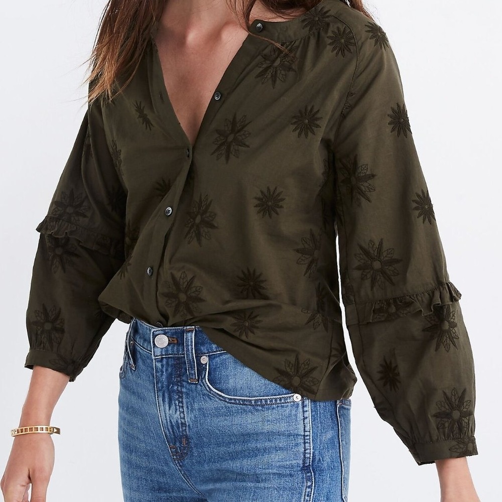 Madewell Embroidered Bubble Sleeve Blouse S Olive Green‎ Ruffle Sleeve Top